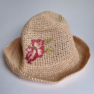 Vintage Pink Paper Straw Bucket Hat with Flower - Coastal / Beachy​